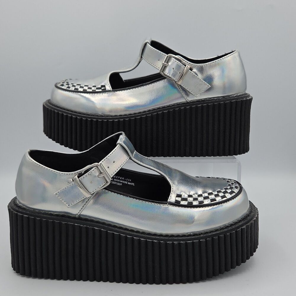 Demonia Creeper 214 Hologram Platform Shoes Silver T-Strap Goth Punk Cyber Sz 8